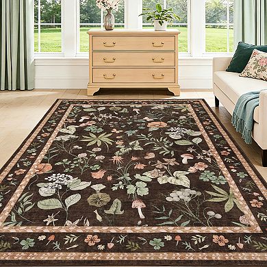 Washable Floral Area Rug, Non-Slip Low Pile Rug, Stain Resistance Carpet