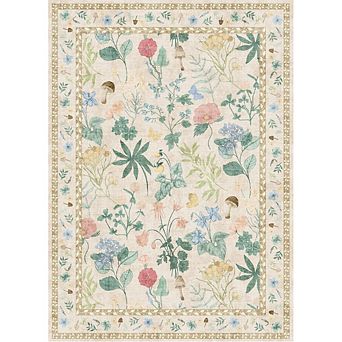 Washable Floral Area Rug, Non-Slip Low Pile Rug, Stain Resistance Carpet