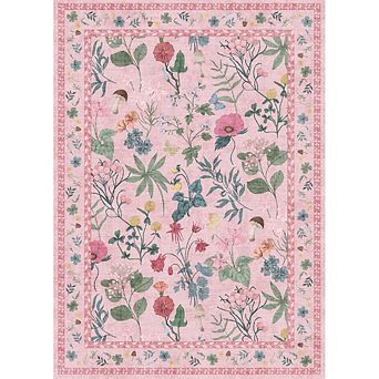 Washable Floral Area Rug, Non-Slip Low Pile Rug, Stain Resistance Carpet