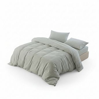 Oversized King Sage Green Stripe Duvet Cover, Washed Cotton Linen-Like Textured