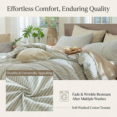 Oversized King Sage Green Stripe Duvet Cover, Washed Cotton Linen-Like Textured