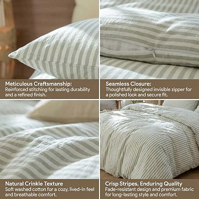 Oversized King Sage Green Stripe Duvet Cover, Washed Cotton Linen-Like Textured