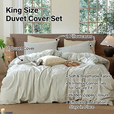 Oversized King Sage Green Stripe Duvet Cover, Washed Cotton Linen-Like Textured