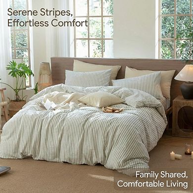Oversized King Sage Green Stripe Duvet Cover, Washed Cotton Linen-Like Textured