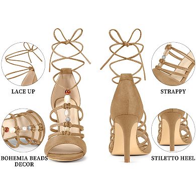 Women's Bead Lace Up Strappy Stiletto High Heel Sandals