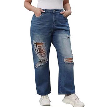 Womens Plus Size Jeans High Waisted Ripped Distressed Straight Ankle Denim Pants