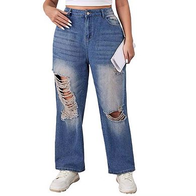 Womens Plus Size Jeans High Waisted Ripped Distressed Straight Ankle Denim Pants