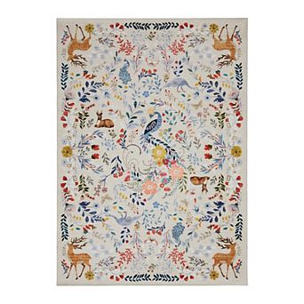 Washable Area Rug, Non-Slip Low Pile Stain Resistance Rug with Peacock and Deer, Animal Carpet