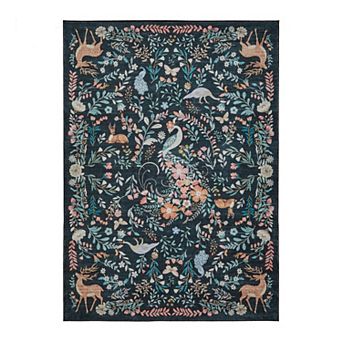 Washable Area Rug, Non-Slip Low Pile Stain Resistance Rug with Peacock and Deer, Animal Carpet
