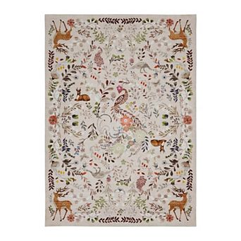 Washable Area Rug, Non-Slip Low Pile Stain Resistance Rug with Peacock and Deer, Animal Carpet