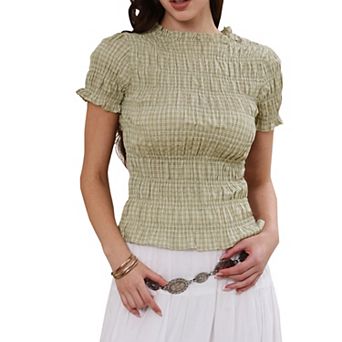 Smocked Top for Women Y2K Plaid Short Sleeve Crew Neck Ruffle Shirred Tops Shirt