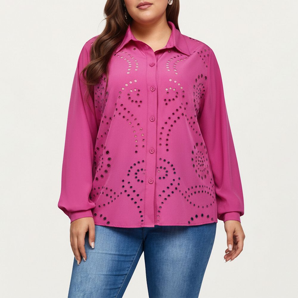 Women's Plus Size Long Sleeve Button Down Blouse with Perforated Eyelet ...