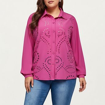 Women's Plus Size Long Sleeve Button Down Blouse with Perforated Eyelet Pattern and Classic Collar
