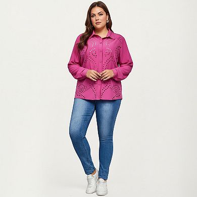 Women's Plus Size Long Sleeve Button Down Blouse with Perforated Eyelet Pattern and Classic Collar