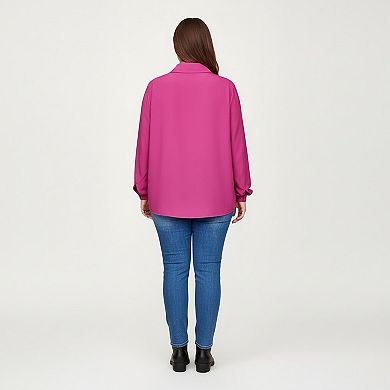 Women's Plus Size Long Sleeve Button Down Blouse with Perforated Eyelet Pattern and Classic Collar