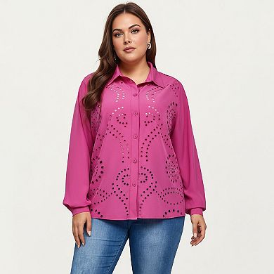 Women's Plus Size Long Sleeve Button Down Blouse with Perforated Eyelet Pattern and Classic Collar