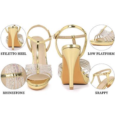 Women's Rhinestone Strap Stiletto Strappy Heel Platform Sandals