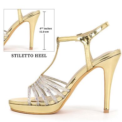 Women's Rhinestone Strap Stiletto Strappy Heel Platform Sandals
