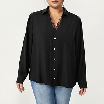 Women's Plus Size Long Sleeve Blouse with Lace Trim Detail Relaxed Fit Soft Draped Fabric