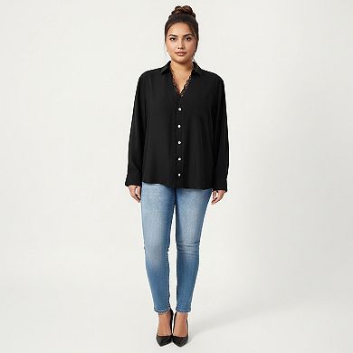 Women's Plus Size Long Sleeve Blouse with Lace Trim Detail Relaxed Fit Soft Draped Fabric