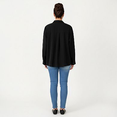 Women's Plus Size Long Sleeve Blouse with Lace Trim Detail Relaxed Fit Soft Draped Fabric