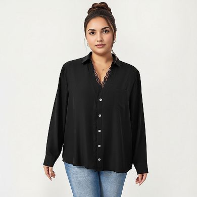 Women's Plus Size Long Sleeve Blouse with Lace Trim Detail Relaxed Fit Soft Draped Fabric