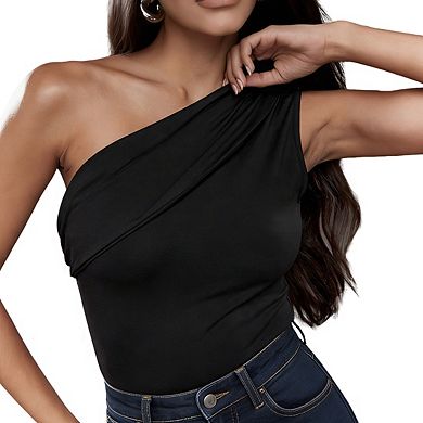 Women's One Shoulder Sleeveless Crop Top with Draped Front Detail and Ruched Side