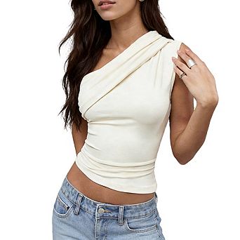 Women's One Shoulder Sleeveless Crop Top with Draped Front Detail and Ruched Side