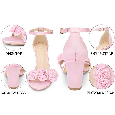 Women's Floral Ankle Strap Open Toe Chunky Heels Sandals