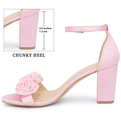 Women's Floral Ankle Strap Open Toe Chunky Heels Sandals