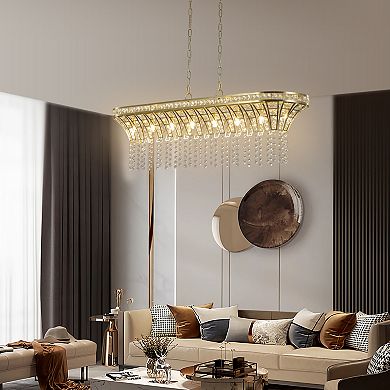 ELEMENT ACE Modern Crystal Linear Rectangle Chandelier Gold Finish Cascading Beads Pendant Light