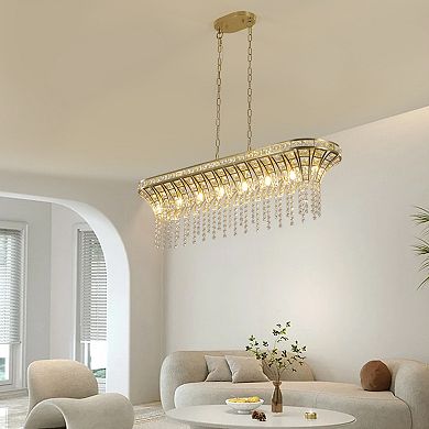 ELEMENT ACE Modern Crystal Linear Rectangle Chandelier Gold Finish Cascading Beads Pendant Light