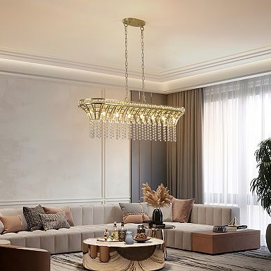 ELEMENT ACE Modern Crystal Linear Rectangle Chandelier Gold Finish Cascading Beads Pendant Light
