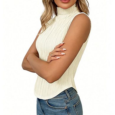 Women's Sleeveless Turtleneck Crop Tank Top Textured Curved Hem Blouse