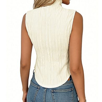 Women's Sleeveless Turtleneck Crop Tank Top Textured Curved Hem Blouse