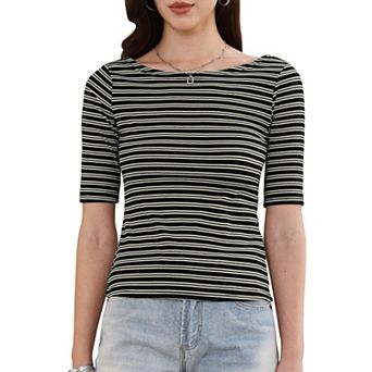 Striped T-Shirt for Women Boat Neck Half Sleeve Tops Slim Fit Casual Trendy Outfits