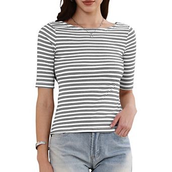 Striped T-Shirt for Women Boat Neck Half Sleeve Tops Slim Fit Casual Trendy Outfits