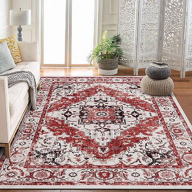 Vintage Boho Floral Low-Pile Stain Resistant Non-Slip Rug
