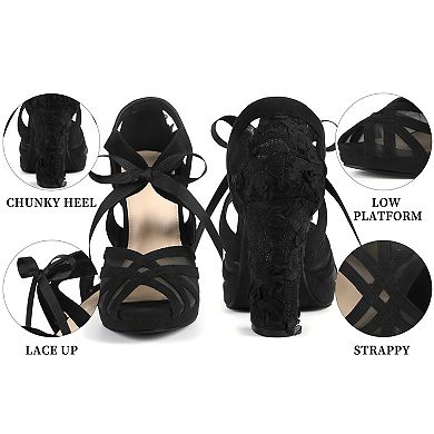 Women's Floral Platform Heel Peep Toe Lace Chunky Heel Sandals