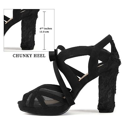 Women's Floral Platform Heel Peep Toe Lace Chunky Heel Sandals