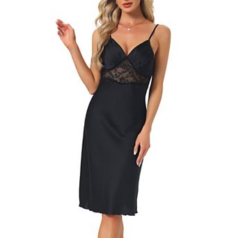Women's Elegant Satin Nightgown Sheer Lace Cheimise Spaghetti Lace Trim Backless Silky Sleep Dress