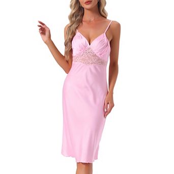 Women's Elegant Satin Nightgown Sheer Lace Cheimise Spaghetti Lace Trim Backless Silky Sleep Dress