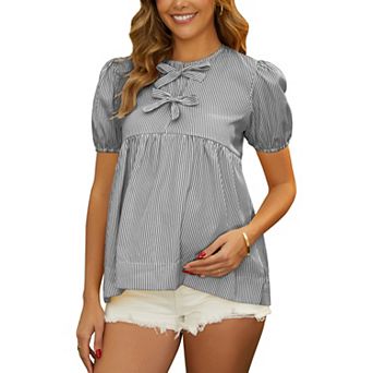 Women's Cute Striped Maternity Top Bow Candy Color Lace-up Babydoll Blouse for Pregnancy