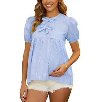 Women's Cute Striped Maternity Top Bow Candy Color Lace-up Babydoll Blouse for Pregnancy