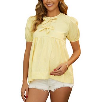 Women's Cute Striped Maternity Top Bow Candy Color Lace-up Babydoll Blouse for Pregnancy