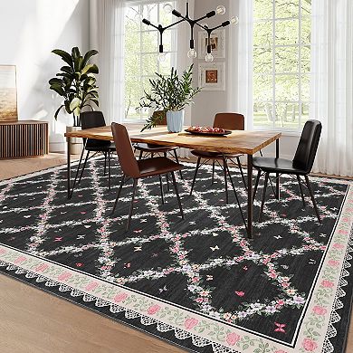 Modern Diamond Floral Butterfly Low-Pile Area Rug