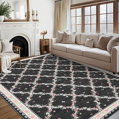 Modern Diamond Floral Butterfly Low-Pile Area Rug
