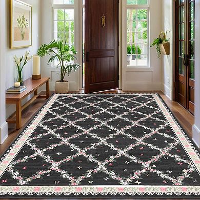 Modern Diamond Floral Butterfly Low-Pile Area Rug