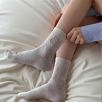 Women's 3-Pair Crew Sock Set Teddy Bear Textured Knit Soft Stretch Comfortable Everyday Socks