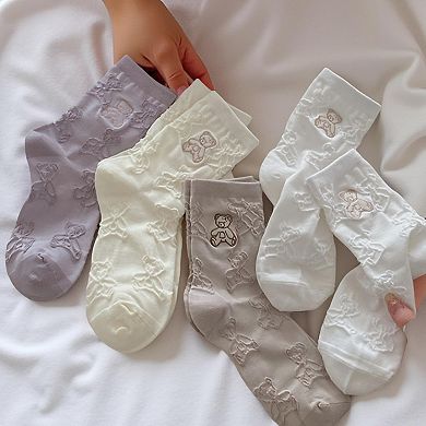 Women's 3-Pair Crew Sock Set Teddy Bear Textured Knit Soft Stretch Comfortable Everyday Socks